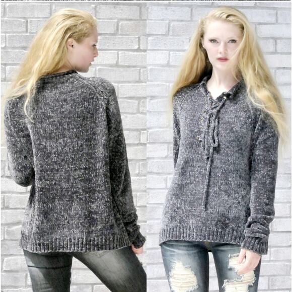 Chenille Crew Neck Sweater Top, Quarter Lace up Tunic - Picture 9 of 9